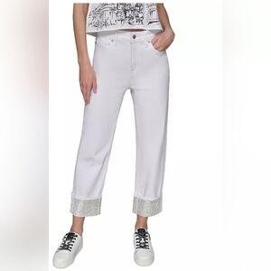 Karl Lagerfeld Women's Size 12 White Crop Jeans with Blingy Rhinestone Cuffs NWT